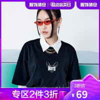 韩都衣舍猫头胶印刺绣短袖T恤女2021夏季新款设计感黑白宽松T恤UF0161