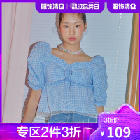 韩都衣舍格子衬衫女2021夏季新款设计感拼接蕾丝方领上衣OM82432