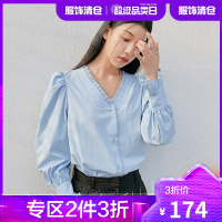 韩都衣舍泡泡袖少女衬衫女2021春季新款复古气质木耳边上衣PR9342