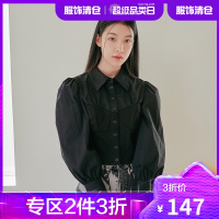 韩都衣舍泡泡袖衬衫女2021春装新款短款纯色宽松拼接上衣PQ0200