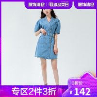 韩都衣舍2021夏季新款腰带显瘦宽松潮牛仔连衣裙女RJ5099