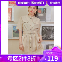 韩都衣舍收腰连衣裙女2021夏新款韩版宽松卡其色短袖短裙GQ11236