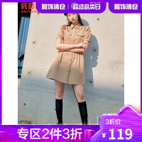 韩都衣舍泡泡短袖连衣裙女2021夏季新款POLO领高腰裙子MX10375