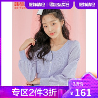 韩都衣舍短款泡泡袖毛衣女2021春装新款蕾丝拼接针织上衣MX10307