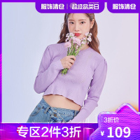 韩都衣舍镂空上衣2021春装新款女装短款毛衣修身针织衫女OM83230