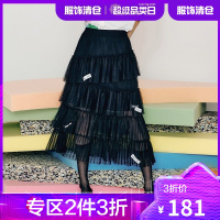 韩都衣舍中长款织标网纱蛋糕裙女2021夏新款高腰A字半身裙OMW0001