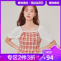 韩都衣舍格纹雪纺衫2021夏季新款锁骨上衣心机设计感格子衬衫女OF0038