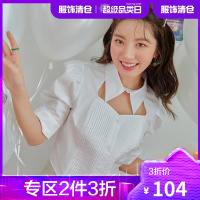 韩都衣舍时尚镂空女2021夏装新款韩版褶皱泡泡袖短袖衫咊OM82461