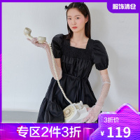 韩都衣舍方领连衣裙女2021夏新款娃娃短裙灯笼袖A字赫本风小黑裙MX10376
