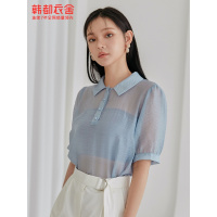 韩都衣舍2021夏新款女装复古设计感小众上衣短袖法式衬衫PT9538