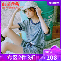 韩都衣舍2021年夏季新款女装时尚水洗蓝牛仔短裤+T恤休闲运动套装