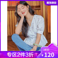 韩都衣舍收腰衬衫2021夏季新款女韩版刺绣花卉泡泡袖上衣OM83522