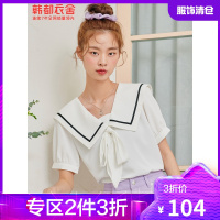 韩都衣舍短袖雪纺衫2021夏装新款女装海军领系带宽松上衣女OT0018