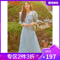 韩都衣舍碎花连衣裙2021夏季新款高腰中长裙甜美雪纺裙子女PR0284