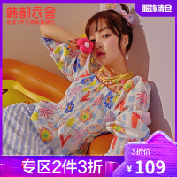 韩都衣舍法式花卉印花衬衫女2021夏季新款宽松甜美泡泡袖雪纺上衣