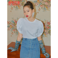 韩都衣舍纯色泡泡袖T恤女2021夏季新款设计感宽松复古短袖上衣