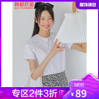 韩都衣舍蕾丝边娃娃领T恤女设计感2021夏季新款气质拼接短袖上衣
