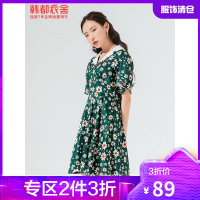 韩都衣舍2021夏季复古小雏菊碎花短款连衣裙RJ5087