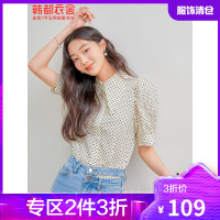 韩都衣舍2021夏季女装波点设计感泡泡袖衬衫时尚尖领上衣PT9780