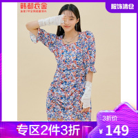 韩都衣舍油画风碎花连衣裙女2021夏季新款洋气矮个子气质方领短裙