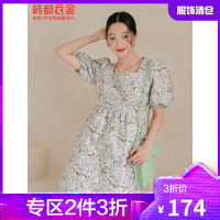 韩都衣舍碎花方领连衣裙女2021夏季新款法式桔梗气质泡泡袖裙子