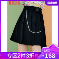 韩都衣舍高腰a字百褶裙女2021夏季新款设计感甜辣短裙黑色半身裙