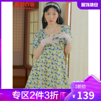 韩都衣舍碎花收腰连衣裙女2021夏新款复古方领泡泡袖裙子JZ15057