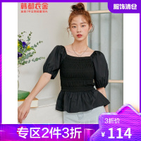 韩都衣舍2021夏装新款女装泡泡袖雪纺衫韩版百搭方领纯色拼接上衣