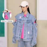 韩都衣舍可拆卸牛仔外套女2021秋季新款宽松拼接破洞设计感牛仔衣