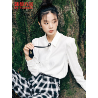韩都衣舍微光泽缎面衬衫女2021秋季新款法式学院风气质宽松白衬衫