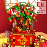 春节新年过节发财树金桔树灯光音乐盒拼装兼容乐高积木玩具