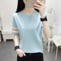 晗亦然恤女夏装新款低圆领宽松套头针织打底衫条纹短袖T恤上衣676