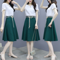 晗亦然实拍2021春季新款淑女小清新v领收腰气场中长款两件套连衣裙套装263