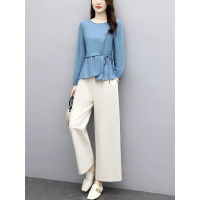 晗亦然时尚套装女2021春新款收腰长袖休闲文艺阔腿裤子两件套5802