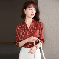 晗亦然2021年春款复古港味短袖上衣V领波点衬衣设计感1180