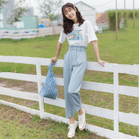 晗亦然2021春学院风宽松T恤短袖+四粒扣花苞高腰宽松萝卜休闲裤套装2362