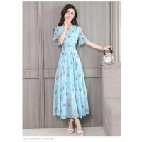 晗亦然2021夏装新款女装韩版显瘦印花长裙喇叭袖连衣裙女2635