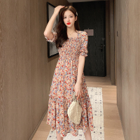 晗亦然法式方领碎花连衣裙夏季2021新款收腰显瘦桔梗中长款仙女裙6037