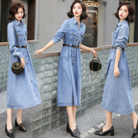 晗亦然气质长袖牛仔连衣裙春款韩版收腰显瘦修身百搭衬衫长裙女潮661