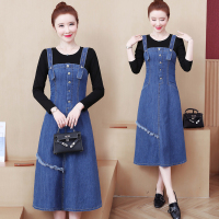 晗亦然蓝色牛仔背带裙套装中长款过膝收腰洋气减龄2021春季连衣裙690