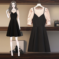 晗亦然2021夏季新款大码微胖mm衬衫+镶钻吊带高腰显瘦连衣裙两件套2123