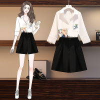 晗亦然2021夏季新款大码微胖妹妹显瘦五分袖印花衬衣+裤子两件套2119