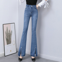 晗亦然微喇叭牛仔裤女春季2021新款修身显高直筒高腰弹力长裤开叉喇叭裤1815