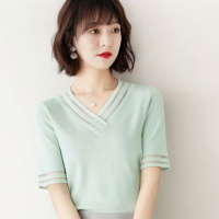 晗亦然V领T恤女短袖2021新款夏季薄款百搭针织衫气质心机显瘦上衣潮9835