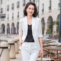 晗亦然条纹西装外套女设计感小众2021夏新款修身气质收腰七分袖小西服7274