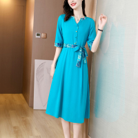 晗亦然大码连衣裙2021夏棉麻系带收腰碎花中国风复古裙018