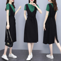 晗亦然夏季2021年新款中长宽松显瘦假两件背带裙时尚休闲连衣裙女1641