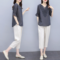 晗亦然新款韩版宽松大码休闲显瘦洋气刺绣复古棉麻套装女夏减龄1440