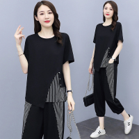 晗亦然胖妈妈夏装套装洋气中年上衣服40岁50中老年女夏天短袖T恤两件套1436