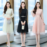 晗亦然蕾丝连衣裙女新款洋气收腰显瘦温柔风网纱拼接打底a字裙9331